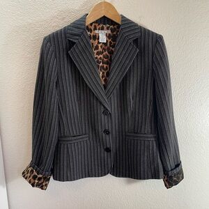 Cabi Leopard Lined Pinstriped Blazer Women Size 12/L
